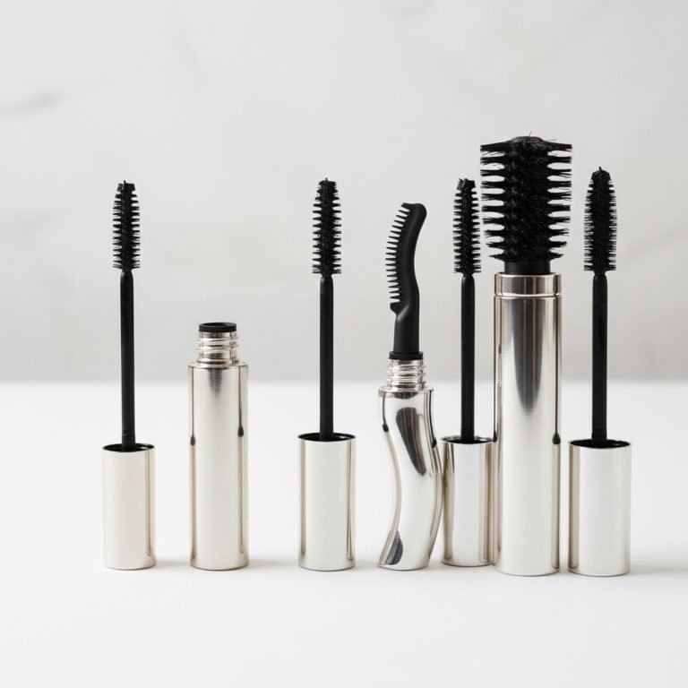Mascara-style containers with different brush and wand shapes